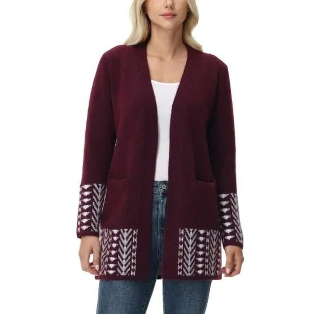 Frye Women's L Red Fair Isle Open Front Cardigan Sweater Polyester Blend